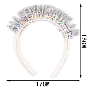 Silver glitter Happy New Year headband with colorful tinsel party hair hoop for celebration.