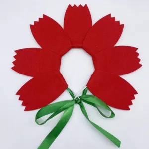 Red felt flower headband with green ribbon, perfect for children performance and party.