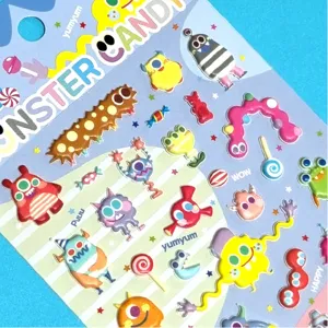 Cute Korean monster candy foam decorative journal stickers, detailed sticker sheet view.