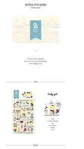 Detail view of SONIA Daily girl waterproof PVC sticker sheet showing cute designs and sizes.