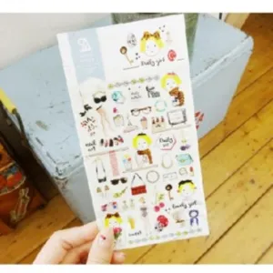 Waterproof PVC decorative stickers for phone and diary, cute retro cartoon girl design.