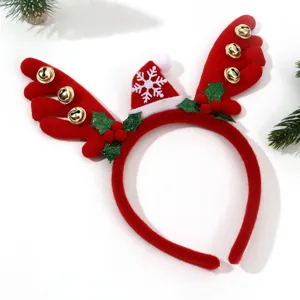 Christmas reindeer antlers headband with mini Santa hat, jingle bells, and holiday festive decor.