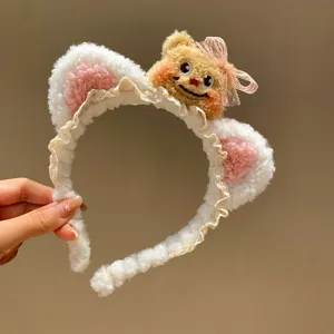Cute Bear Plush Headband Sweet Girl Makeup Hair Hoop Lace Ruffle Hair Band Face Washing Hair Accessories For Women And Kids