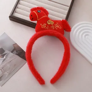 Serre-tete peluche rouge cheval pour le Nouvel An chinois, cerceau de cheveux animal mignon.