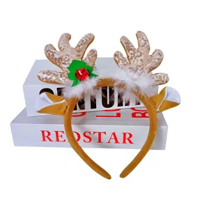 Christmas reindeer antlers headband with sequins and plush fluff, festive hair accessory.