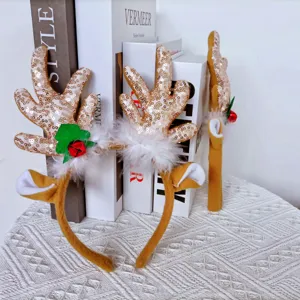 Christmas glittering sequin reindeer antler headband with plush trim and red bell hoop