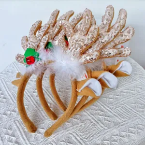 Christmas Reindeer Antler Headband With Plush Bell Sequins Festive Hair Hoop Holiday Party Hair Accessories For Women