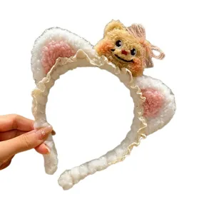 Sweet plush bear headband for face washing, cute fluffy hair hoop with lace bow, daily use.