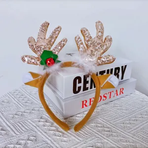 Christmas Reindeer Antler Headband Plush Sequins Bell Hair Hoop Holiday Hair Accessories