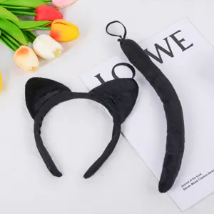 Ensemble serre-tête oreilles de chat et queue noir, accessoire en peluche pour fête d'Halloween.