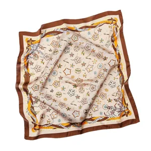 Vintage print square silk scarf for women, elegant belt and clover pattern detail design.