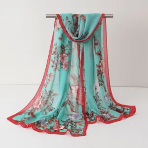 Écharpe Légère en Mousseline pour Femmes Imprimé Floral Long Châle Écharpe de Protection Solaire pour Accessoires de Mode Printemps Été