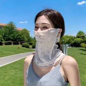 Lightweight summer chiffon sun protection face veil with cherry print for outdoor cycling.
