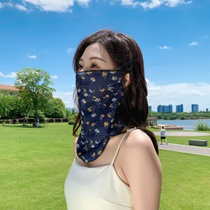 Detailed view of a floral print sun protection face veil, lightweight and breathable.
