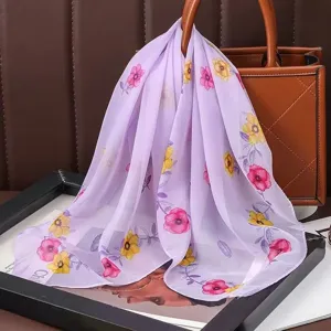Floral print chiffon square scarf, lightweight neckerchief and stylish hair accessory.