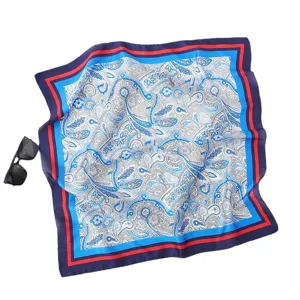 Classic blue paisley print silk square scarf with red border for women spring and summer.