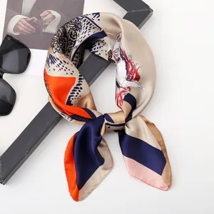 Elegant 70cm silk scarf for women, featuring retro print and stylish color block design.