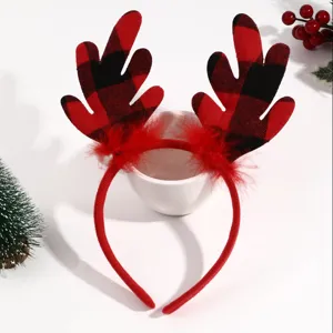 Christmas reindeer antler headband with red plaid and plush trim for holiday parties.
