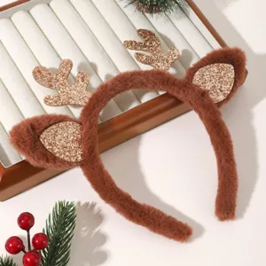 Christmas reindeer antler headband detail showing glitter ears and soft brown plush fabric.