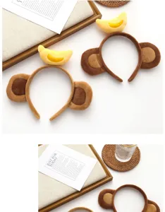Cute plush monkey ear headband with banana decor, soft winter hair hoop for daily wear.