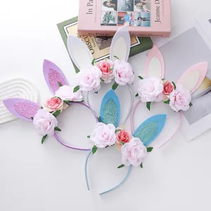 Cute Easter Bunny Ear Headband With Rose Flower Hair Hoop Children Party Hair Accessories Decorative Headwear