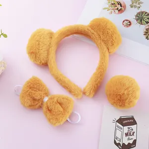 Cute Cartoon Bear Animal Ear Headband Plush Tail Bow Set Halloween Party Hair Accessories Yellow