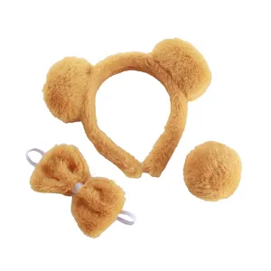 Plush bear ear headband bow and tail set cute animal costume accessories for party.