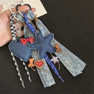 Denim heart and star braided keychain bag charm trendy style aesthetic accessories detail view