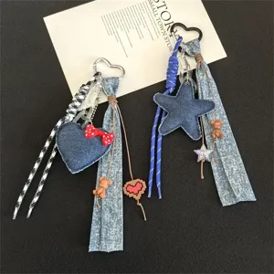 Creative denim heart pentagram braided lanyard keychain cool ins style bag charm accessory.