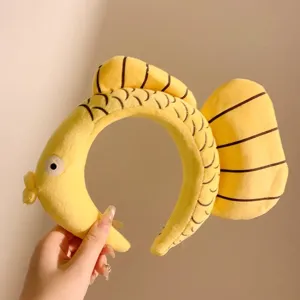 Diadema felpa pez amarillo lindo, aro pelo dibujos animados suave para lavar cara y fotos.