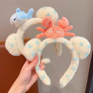 Cute plush shark and crab headband for face washing, soft fluffy hair hoop for daily wear.