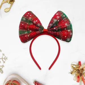 Christmas large plaid bow headband with sparkling sequins, festive party hair accessory.