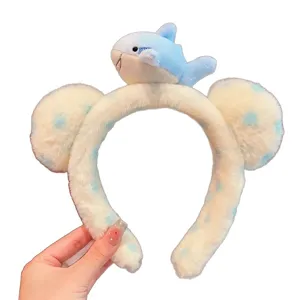 Cute plush shark headband fluffy face washing hair hoop funny cartoon hair accessory
