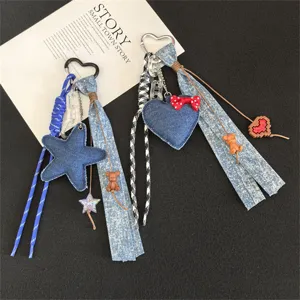Denim heart star keychain bag charm trendy ins style braided strap cute accessory for women