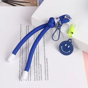 Colorful Braided Short Keychain Strap Smiley Face Pendant Wristlet Phone Lanyard Cute Bag Zip Charm Accessories
