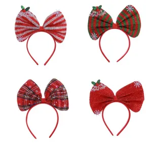 Christmas glitter bow headband set, festive fabric hair hoop for holiday party dress up.