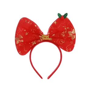 Christmas red bow headband with golden metallic print, festive holiday hair accessories for women.