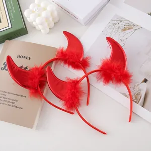 Red devil horn headband Halloween party hair accessories fluffy feather dress up headwear