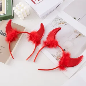 Halloween red devil horn headband with fluffy feathers, perfect for party dress up and festivals.