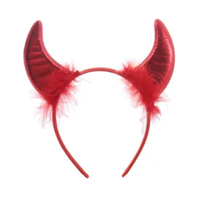 Red devil horn headband with fluffy feathers, perfect for Halloween parties and festive dress up.
