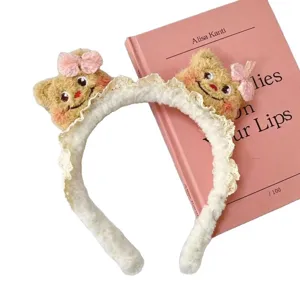 Sweet plush bear headband with cute pink bows and white lace, perfect for daily face washing.