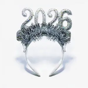Close-up detail of the silver sparkly 2026 number headband for party celebrations and events.
