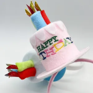 Birthday party plush cake headband detail view, cute candle hair hoop for festive celebrations.