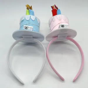 Detailed close-up of LED birthday cake headband, soft plush party hair accessory props.