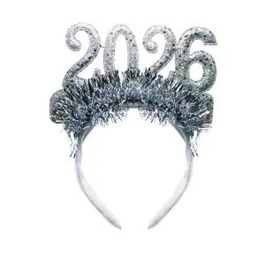Silver glitter 2026 headband for New Year party, sparkling holiday hair hoop decoration.