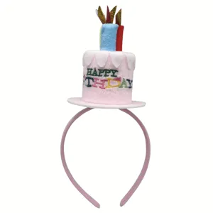 Detail shot of pink birthday cake headband, plush fabric, colorful candles, party hair accessory.