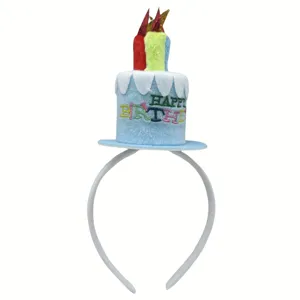 Plush birthday cake headband with colorful candles party hair accessory for celebrations.