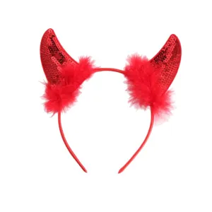 Roter Pailletten Teufelshörner Haarreif mit flauschigen Federn für Halloween Party Kostüm Zubehör.