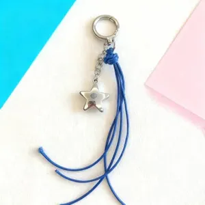 Stylish blue braided leather cord star pendant keychain luggage accessory detail.