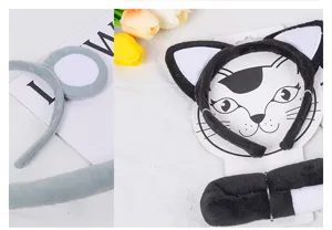 Detailed view of cute cartoon animal ear headband and tail set, plush mouse and cat cosplay.